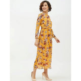 Multicolor polyester floral long sleeves calf-length dress for women on fashion mannequin