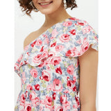 Multicolor polyester floral one-shoulder calf-length dress for women, showing off a vibrant floral print