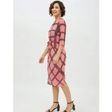 Women's Polyester Checkered 3-4th Sleeves Below Knee Dress (Pink)