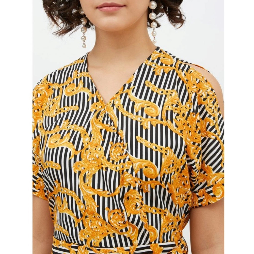 Yellow polyester printed half-sleeve long jumpsuit on model, vibrant pattern design