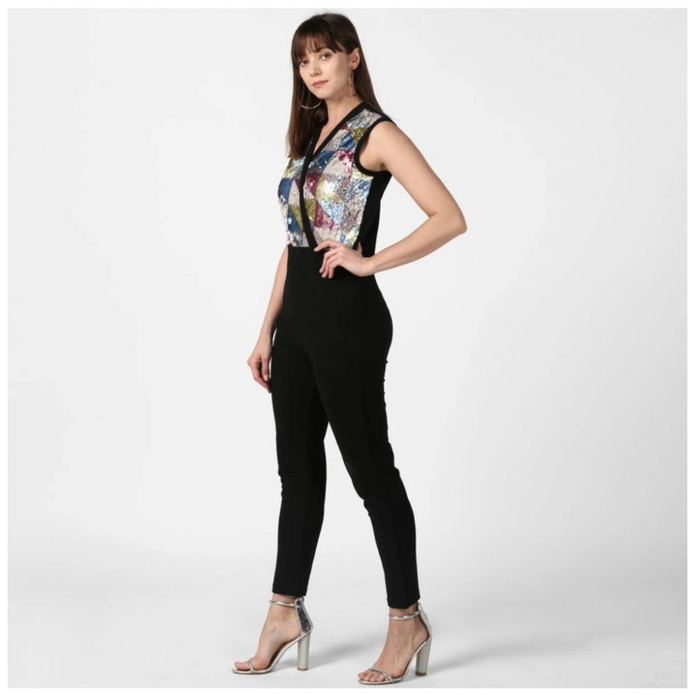 Black polyester embellished sleeveless jumpsuit for women, vibrant detailing on a fashionable fit