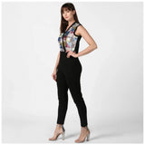 Black polyester embellished sleeveless jumpsuit for women, vibrant detailing on a fashionable fit