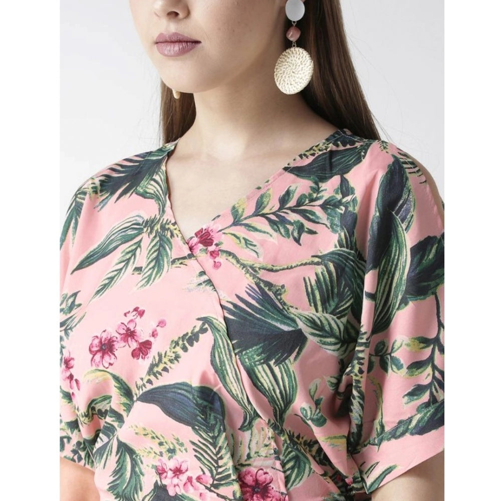 Pink polyester floral half-sleeve jumpsuit with v neck, outdoor wear option