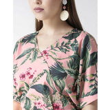 Pink polyester floral half-sleeve jumpsuit with v neck, outdoor wear option