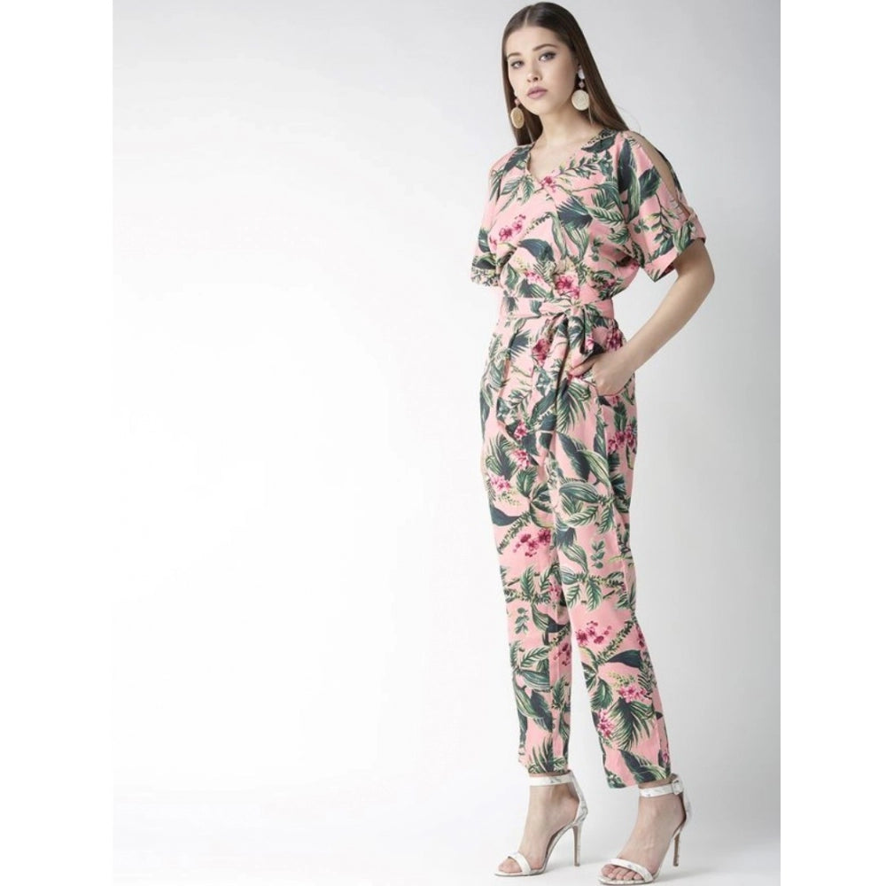 Pink polyester floral half-sleeve jumpsuit with V neck, floral pattern on model