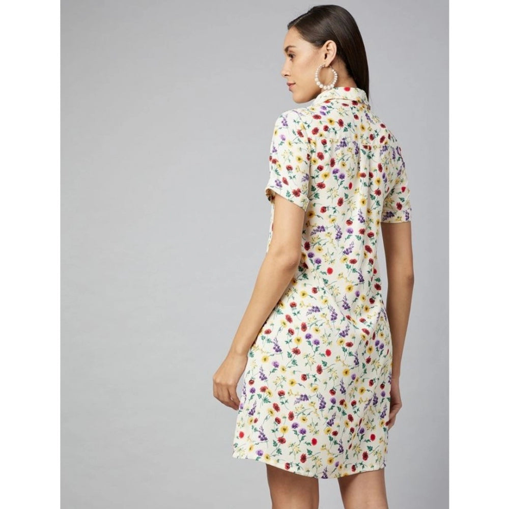 Multicolor polyester floral short sleeve above knee dress for women, featuring collar neckline and vibrant floral pattern