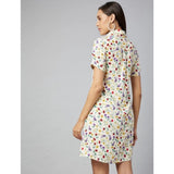 Multicolor polyester floral short sleeve above knee dress for women, featuring collar neckline and vibrant floral pattern