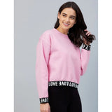 Pink fleece women's long-sleeve solid sweatshirt, round neck on model