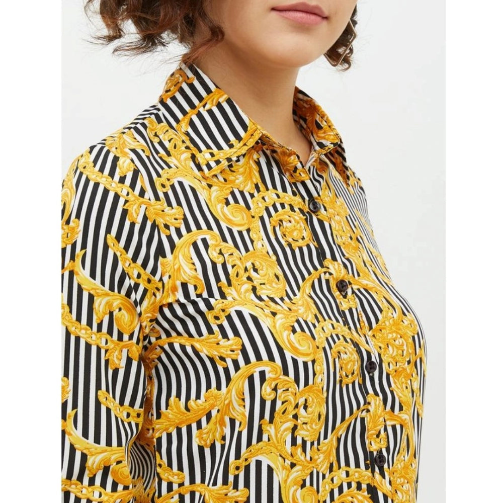 Mustard polyester printed roll-up sleeve standard length shirt for women