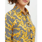 Mustard polyester printed roll-up sleeve standard length shirt for women