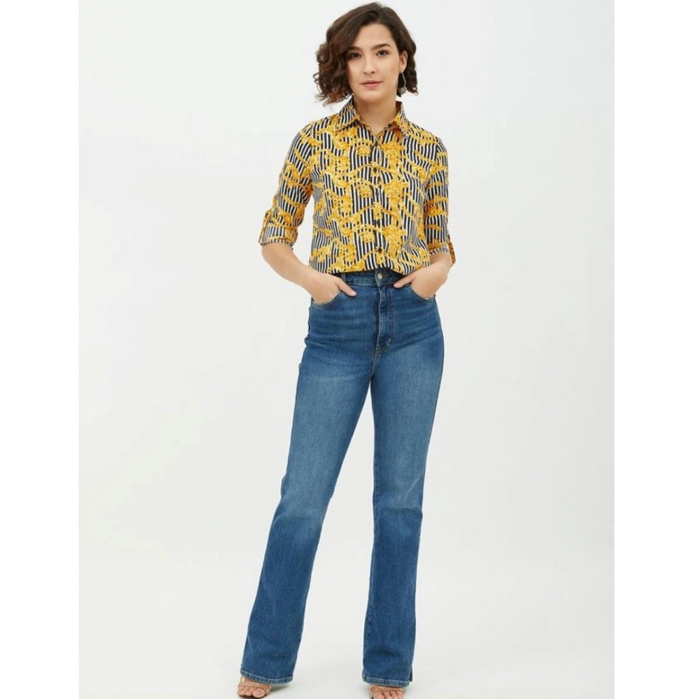Mustard polyester printed roll-up sleeve standard length shirt for women