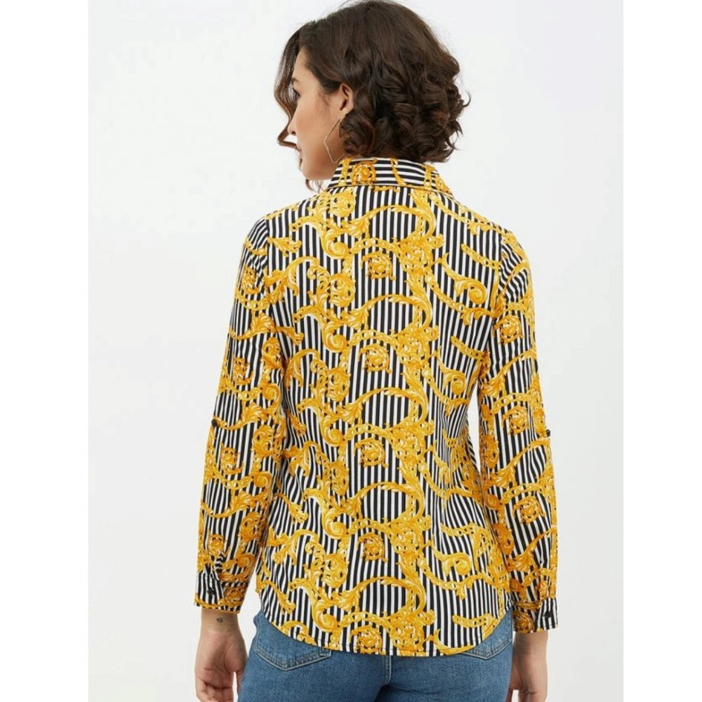 Mustard polyester printed roll-up sleeve standard length shirt for women, rolled sleeves shown