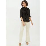 Black polyester ruffled long sleeve shirt, standard length for women's fashion