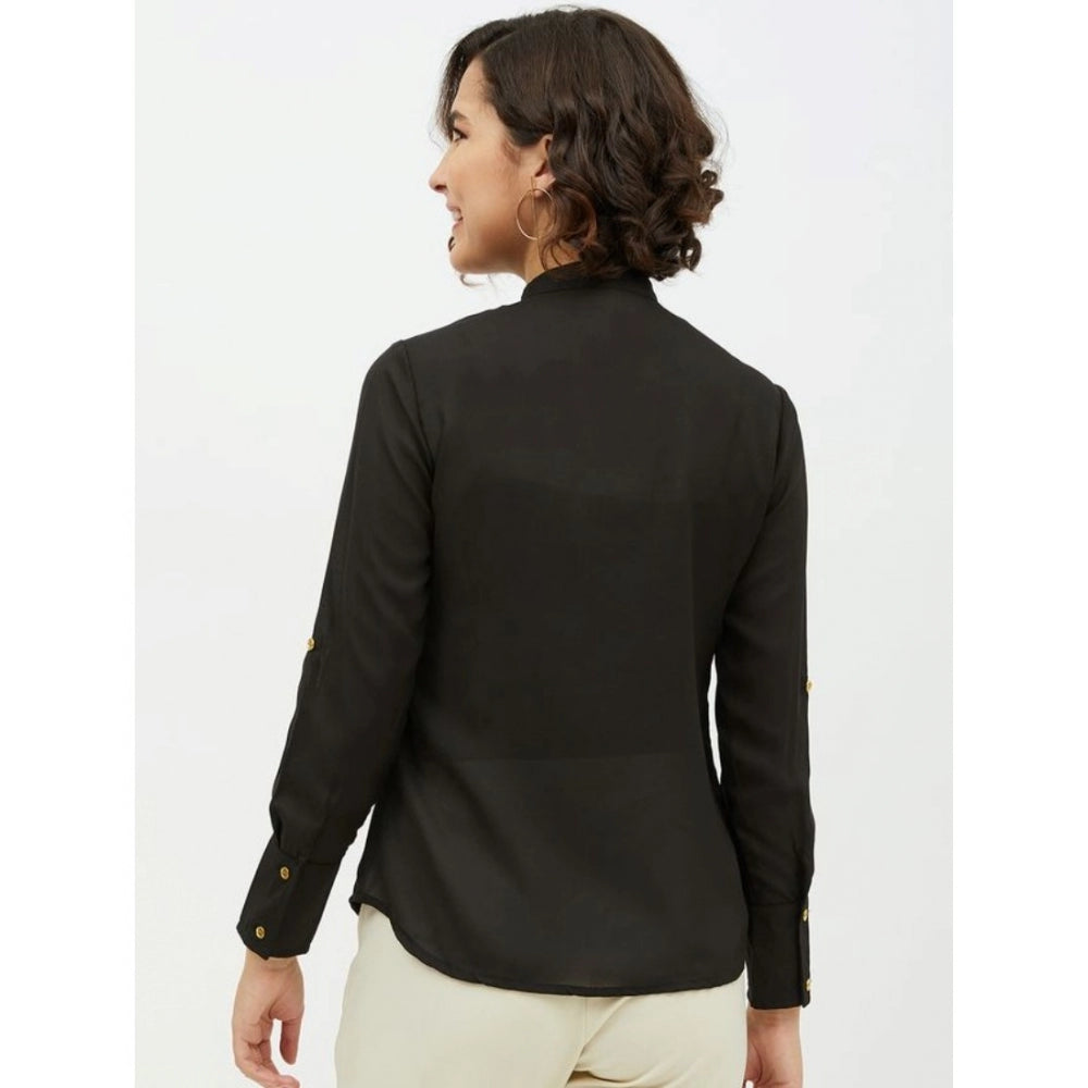 Black polyester ruffled long sleeves shirt, standard length - fashionable women's top with mandarin collar on hanger