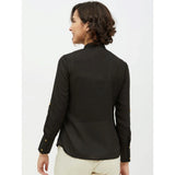 Black polyester ruffled long-sleeve shirt, mandarin collar, standard length (closet view)
