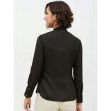 Black polyester ruffled long sleeves shirt, standard length - fashionable women's top with mandarin collar on hanger