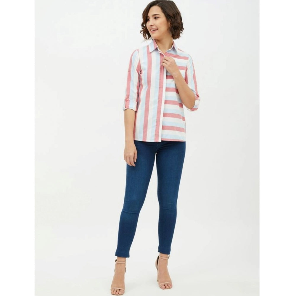 Pink cotton striped long sleeves women's shirt - standard length, collar neck type