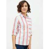 Pink striped cotton long sleeve standard length shirt for women