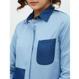 Blue denim patch work long sleeve standard length shirt for women