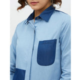 Blue denim patch work long sleeves shirt for women, standard length with collar neck