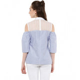 Blue striped cotton cold shoulder top for women's fashion, stylish mock neck design