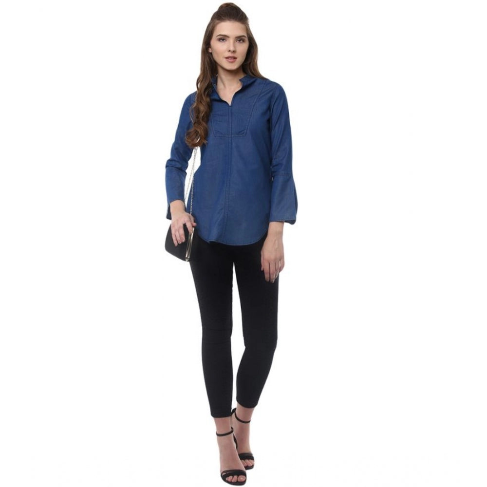 Blue denim women's bell sleeve top, solid material with collar neck and regular length