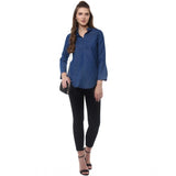 Blue denim women's bell sleeve top, solid material with collar neck and regular length