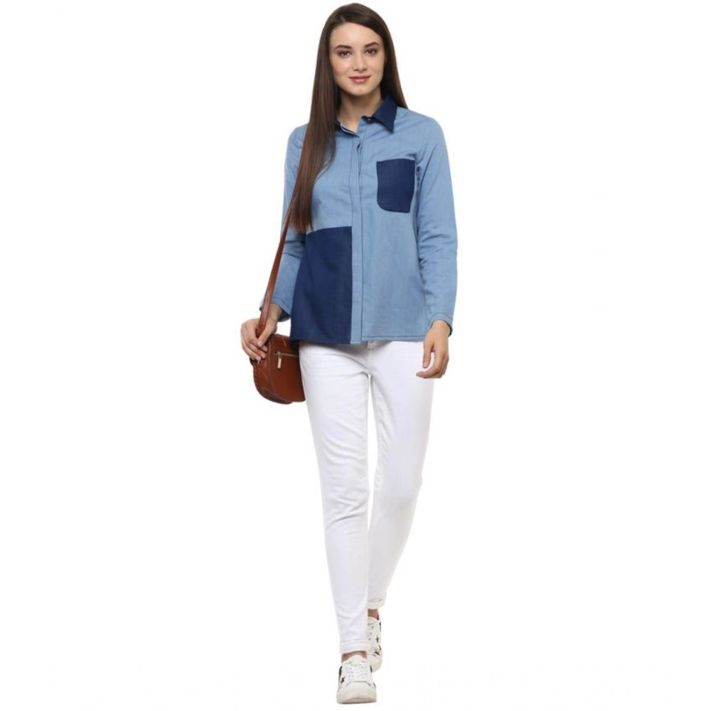 Blue denim patchwork long sleeves women's top with collar neck, regular length on hanger