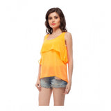 Orange polyester women's solid sleeveless top, vibrant hue on model