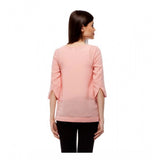 Peach polyester solid 3/4th sleeves regular top for women, round neck style on clothing rack