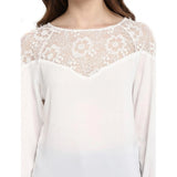 White polyester georgette self-design regular top with 3/4th sleeves, round neck on model