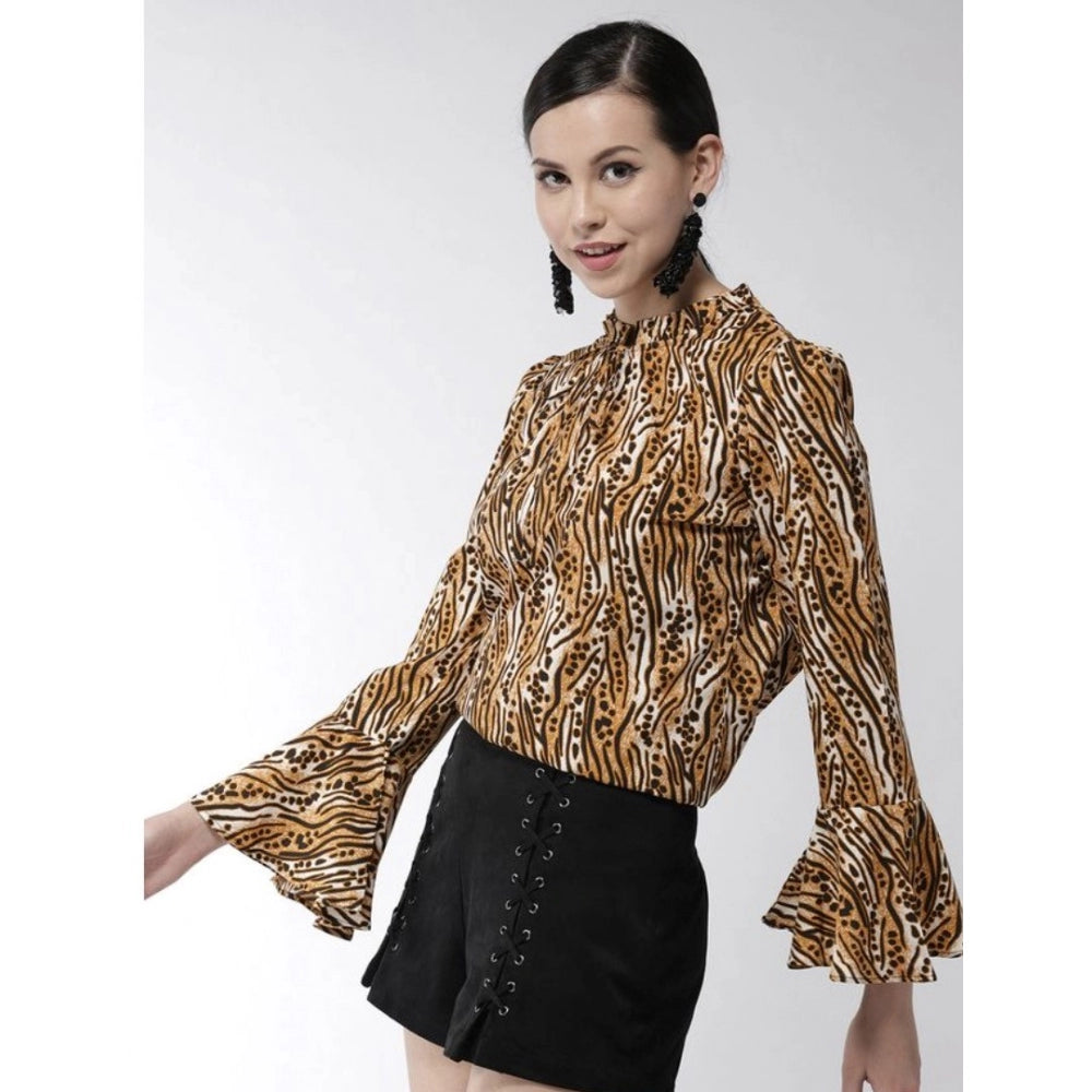 Orange-black polyester printed bell sleeve top for women's fashion, close-up on bold pattern detail