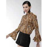 Orange-black polyester printed bell sleeve top for women's fashion, close-up on bold pattern detail