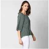 Green polyester printed 3/4th sleeves top for women, vibrant patterned fashion top