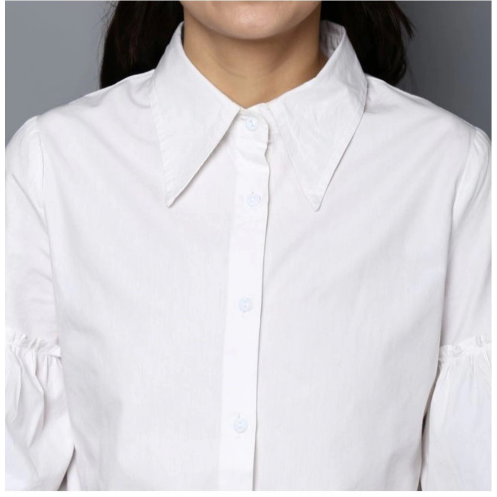 Women's white cotton solid bell sleeve top, classic collar neckline for stylish outfits