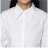 Women's white cotton solid bell sleeve top, classic collar neckline for stylish outfits