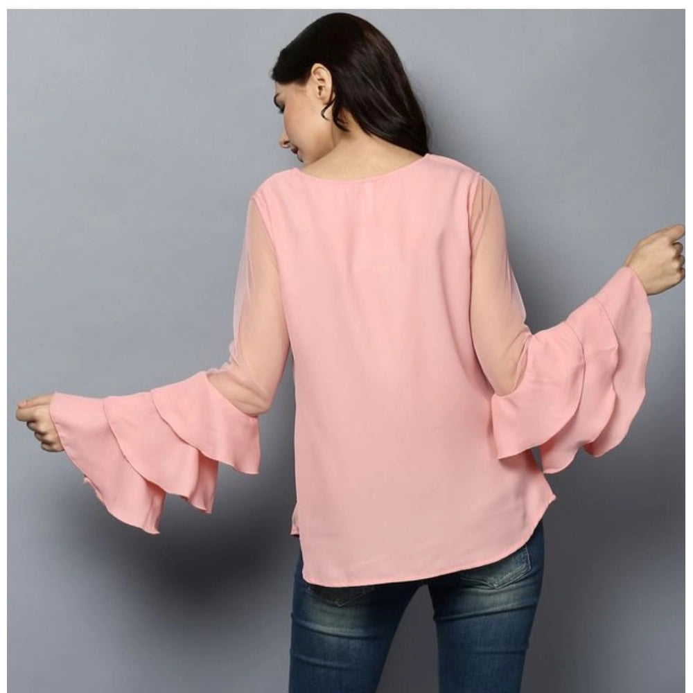 Pink polyester solid tier sleeve top for women's casual fashion, round neck design on model