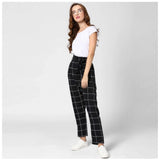 Black & white checkered polyester elastic trousers for women - versatile, comfortable fashionwear
