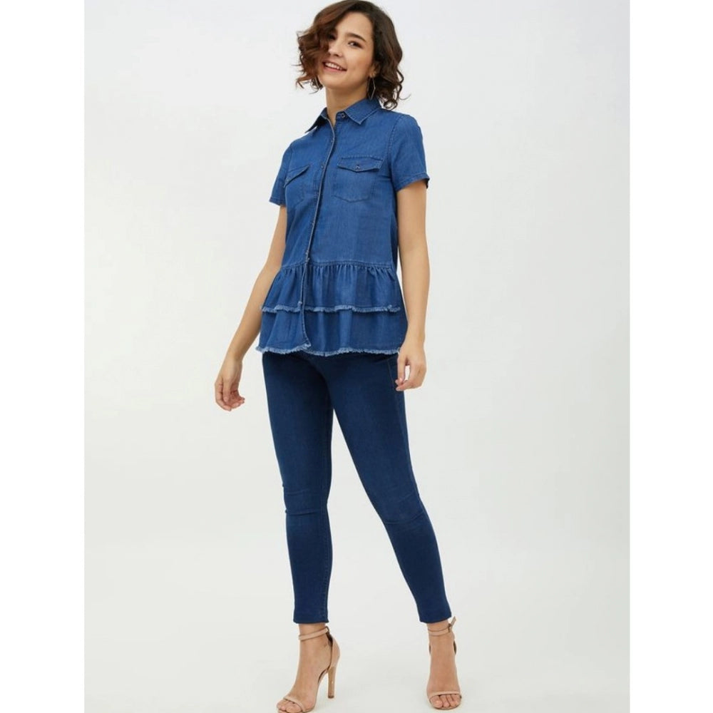 Blue denim peplum short sleeve top with collar, fashionable women's casual wear