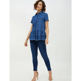 Blue denim peplum short sleeve top with collar, stylish casual wear for women