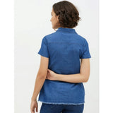 Blue denim peplum short sleeve top for women, stylish peplum pattern with collar neck