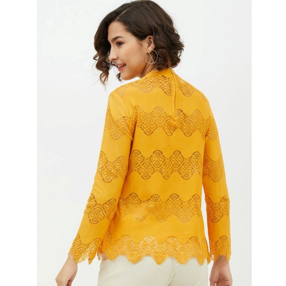 Yellow cotton lace inserts long sleeves top with round neck, elegant and comfortable for women's fashion