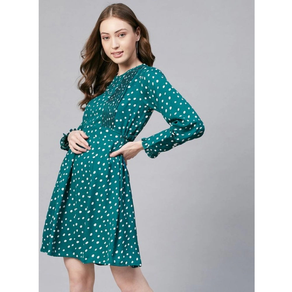 Green & White polyester polka long sleeves above knee dress for women, stylish casual outfit on mannequin
