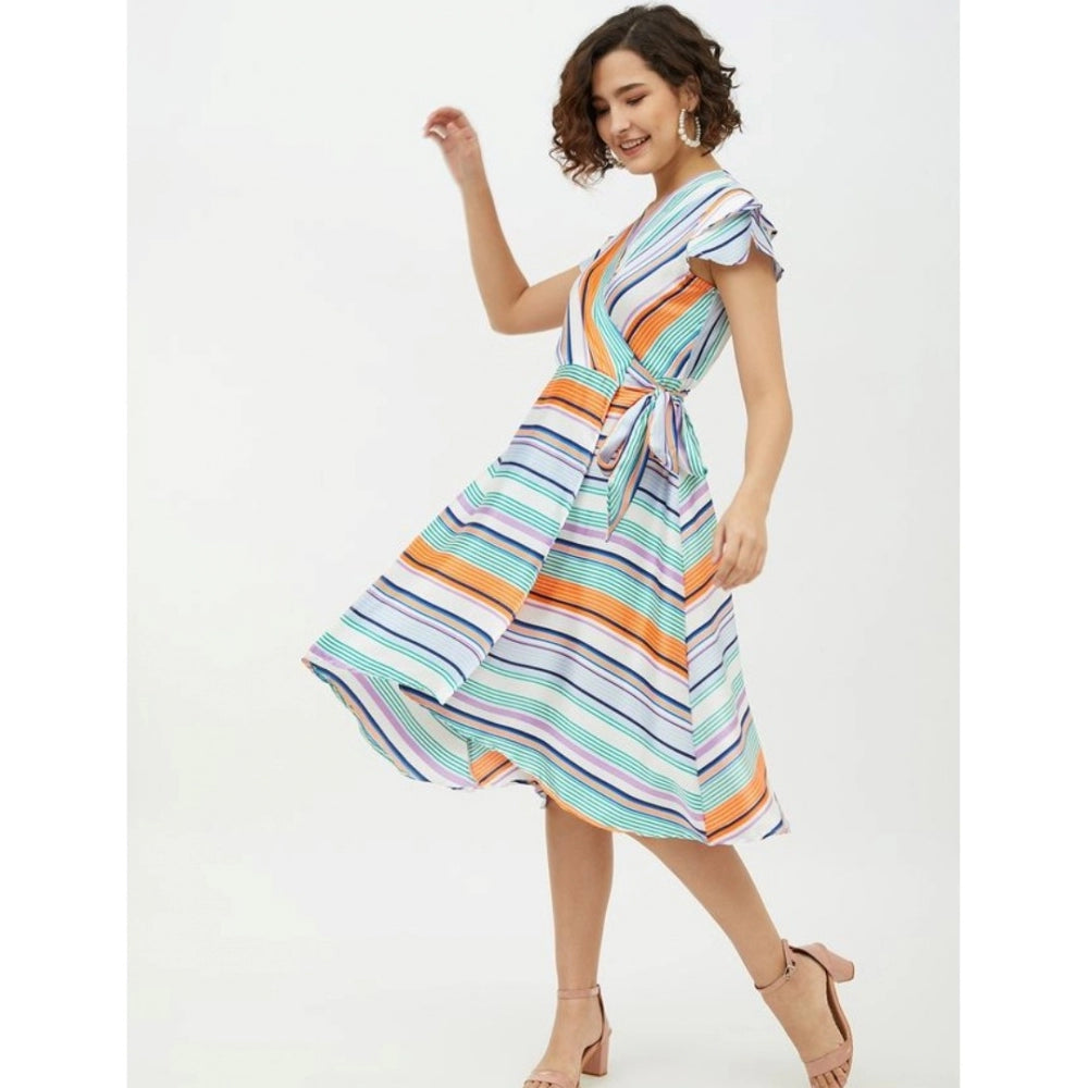 Multicolor satin striped short sleeve knee-length dress for women, vibrant pattern on a luxurious background