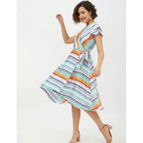 Multicolor satin striped short sleeve knee-length dress for women, vibrant pattern on a luxurious background