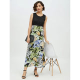 Multicolor rayon floral sleeveless calf-length dress on model, vibrant floral pattern and round neck