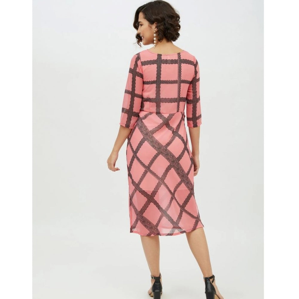 Pink polyester checkered 3/4th sleeves below knee dress for women