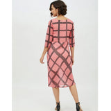 Pink polyester checkered 3/4th sleeves below knee dress for women