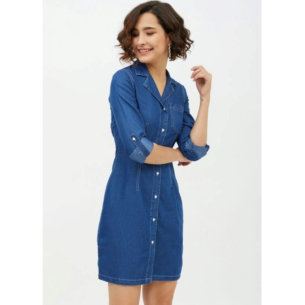 Blue denim long sleeve above knee dress, solid design for women's casualwear