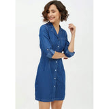 Blue denim long sleeve above knee dress, solid design for women's casualwear